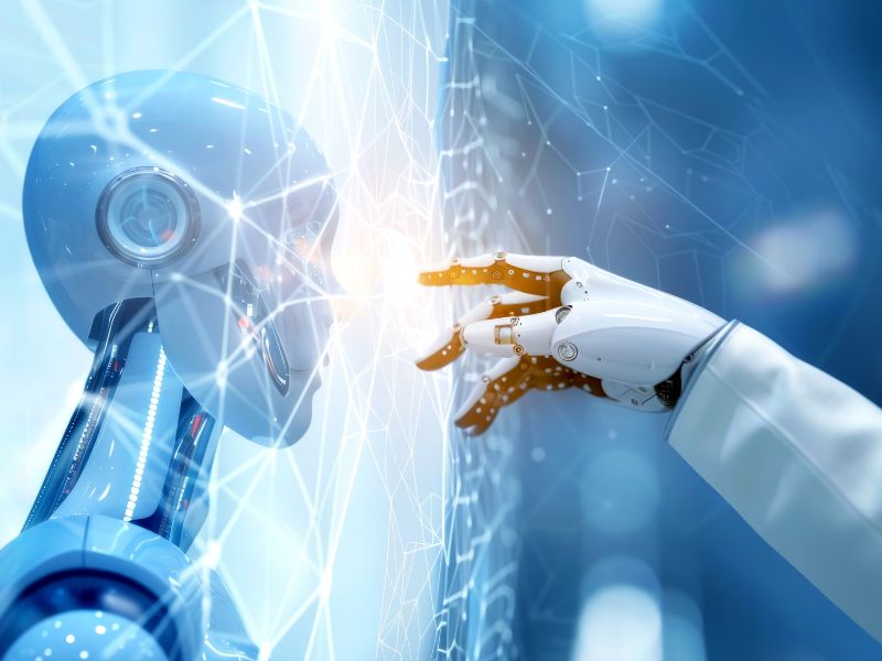représentation d'un robot humanoïde séparé d'un filme et de l'autre côté un bras d'un robot.